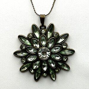 Layered Green Rhinestone Sunburst Flower Pendant Vintage Necklace